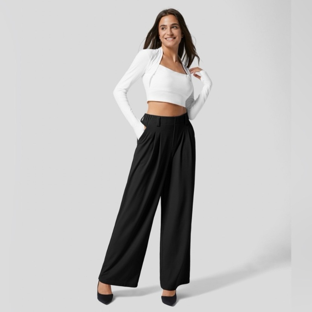 Halara High Waisted Wide Leg Pants Size XL Tall Waffle Fabric Pleated Black - Picture 2 of 16